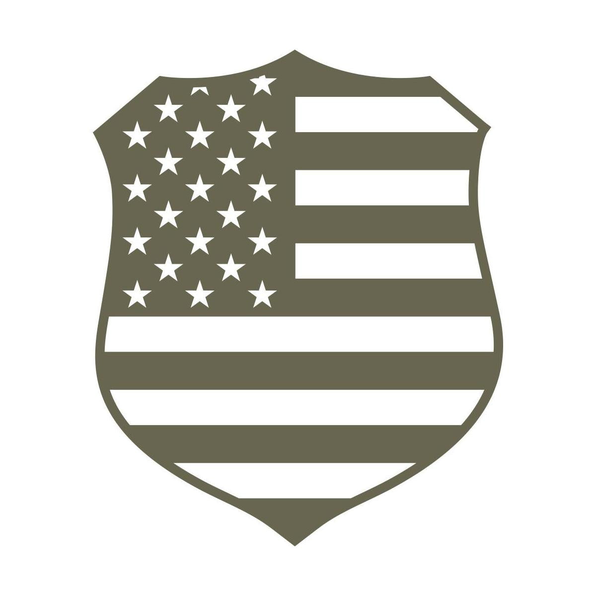 Patriotic police badge design featuring the American flag, with stars and stripes integrated into the classic law enforcement shield shape.
