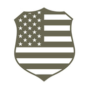 Patriotic police badge design featuring the American flag, with stars and stripes integrated into the classic law enforcement shield shape.