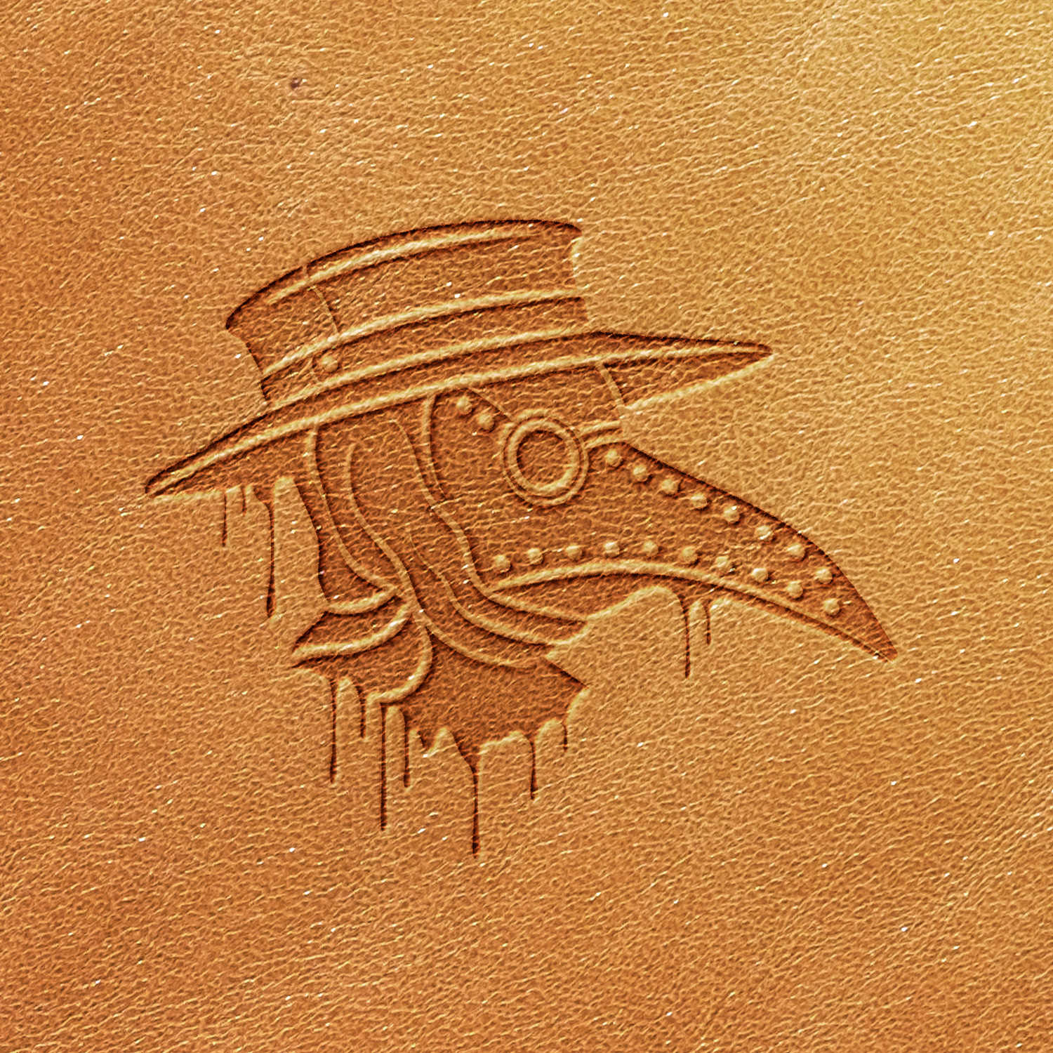 The Plague Doctor Delrin Leather Stamp features an embossed leather design showcasing a plague doctor's mask complete with a beak-like nose and round goggles, topped off with a flat-brimmed hat. The intricate detailing is enhanced with small rivets surrounding the mask's beak and edges.