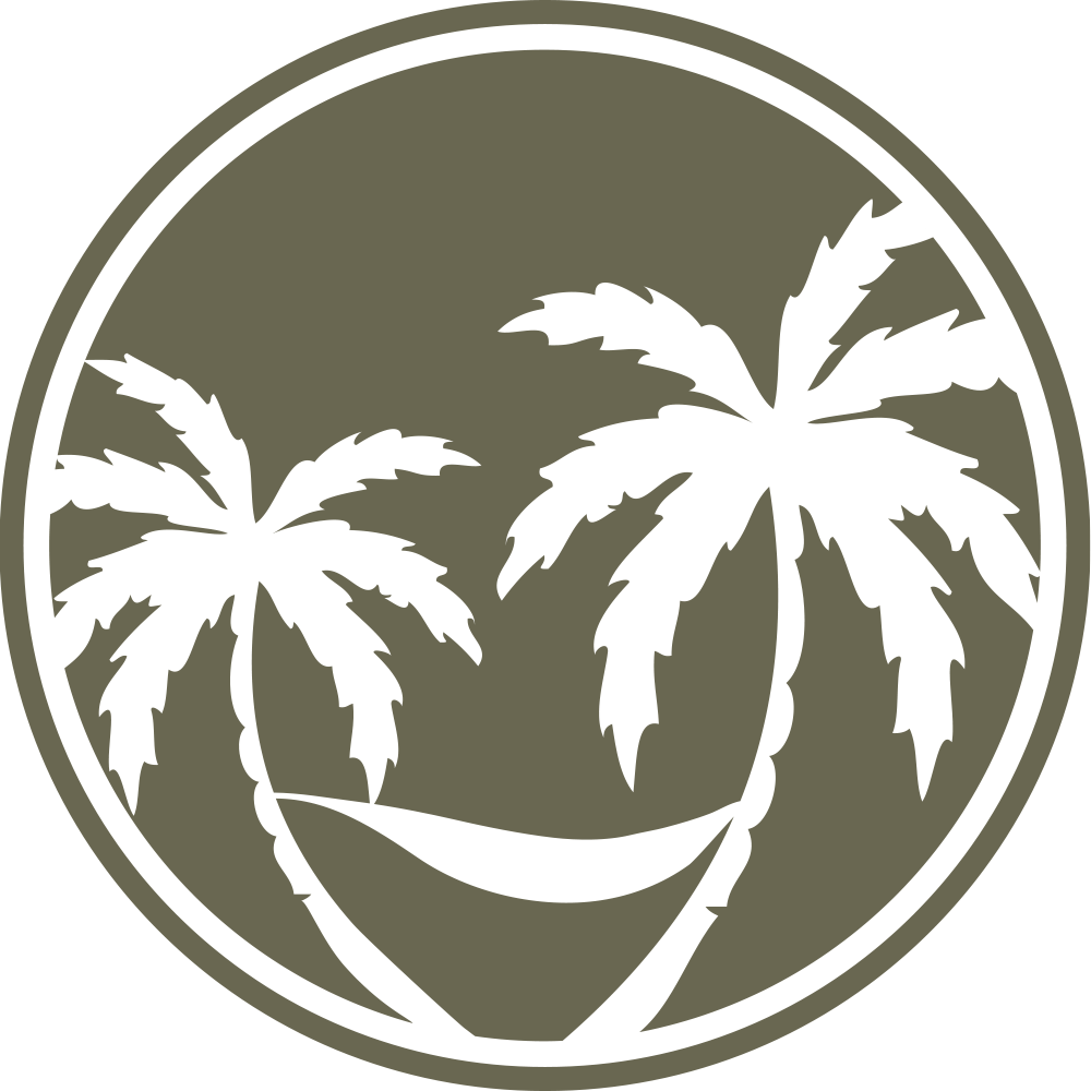 The "Palm Trees Delrin Leather Stamp" showcases a circular design featuring two palm trees with a hammock strung between them. The background and border are solid, while the palm trees and hammock are in negative space, creating a striking silhouette effect.