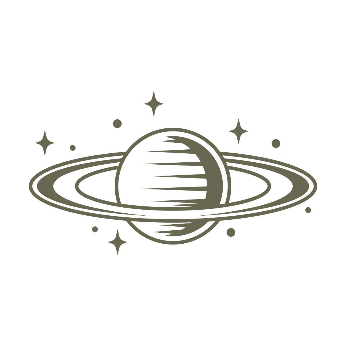 Stylized planet with rings surrounded by small stars, perfect for space-themed leather stamping.
