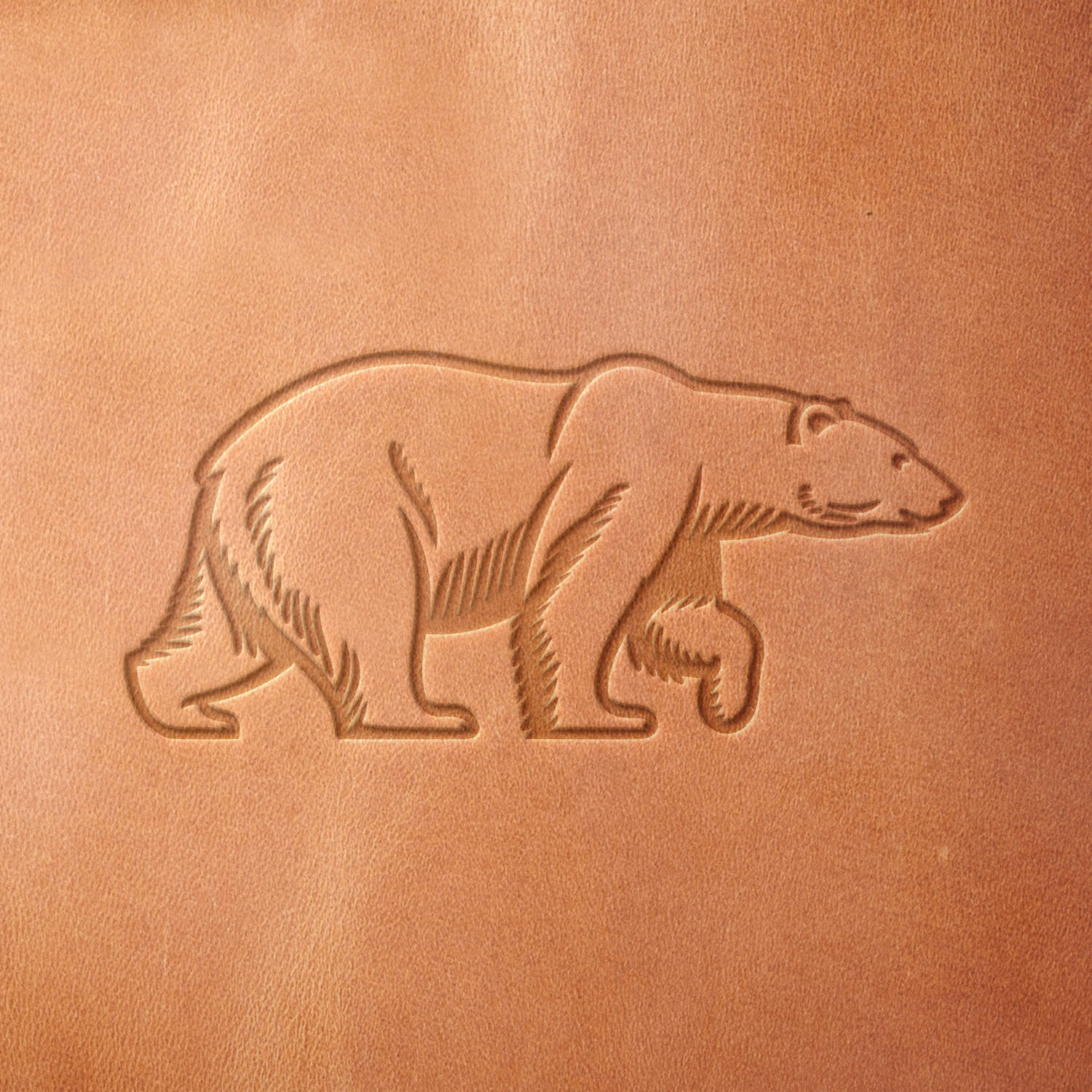 Leather sample showcasing a stamped polar bear design using a delrin leather stamp, highlighting the bear’s streamlined silhouette and iconic stance.