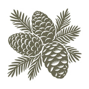 Detailed illustration of three pinecones with pine needles, arranged in a natural, organic cluster, emphasizing texture and intricate linework.