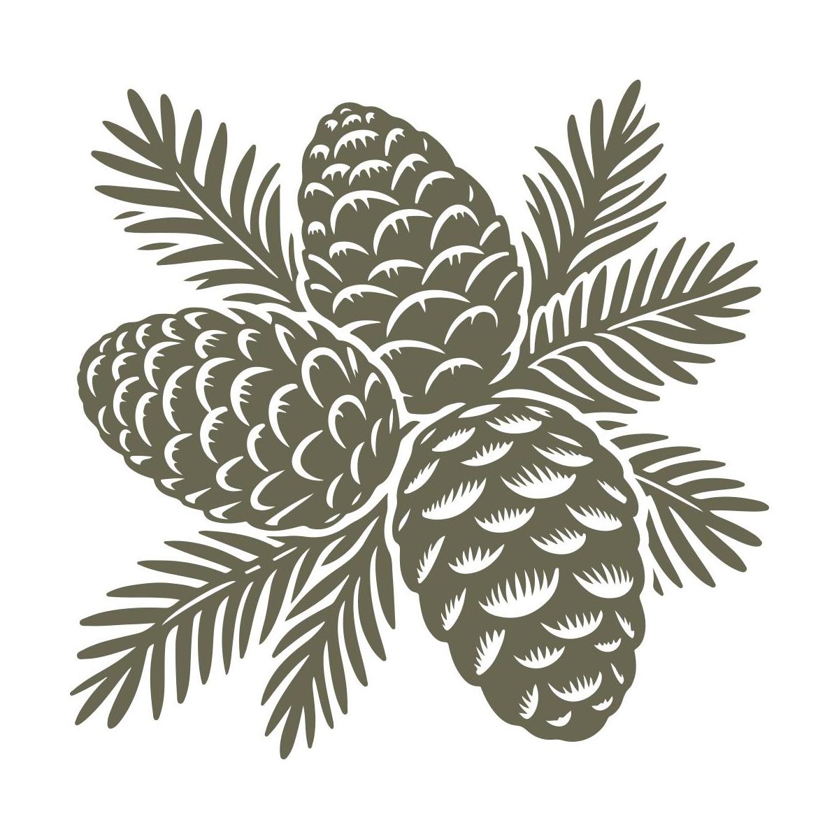 Detailed illustration of three pinecones with pine needles, arranged in a natural, organic cluster, emphasizing texture and intricate linework.