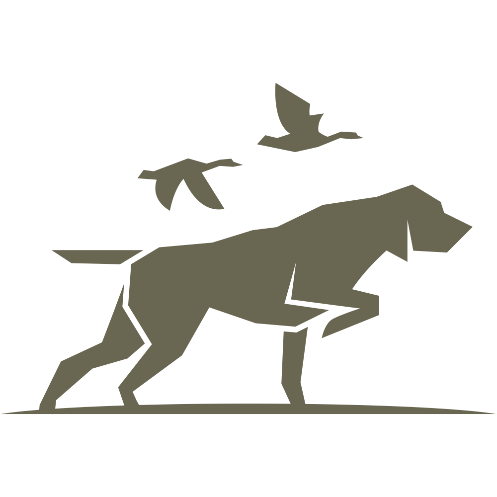 Minimalist hunting dog design in a classic pointing stance, accompanied by flying birds in a sleek, stylized silhouette.