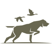 Minimalist hunting dog design in a classic pointing stance, accompanied by flying birds in a sleek, stylized silhouette.