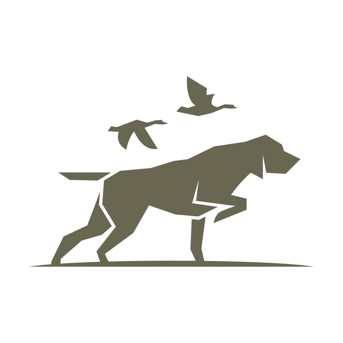 Minimalist hunting dog design in a classic pointing stance, accompanied by flying birds in a sleek, stylized silhouette.
