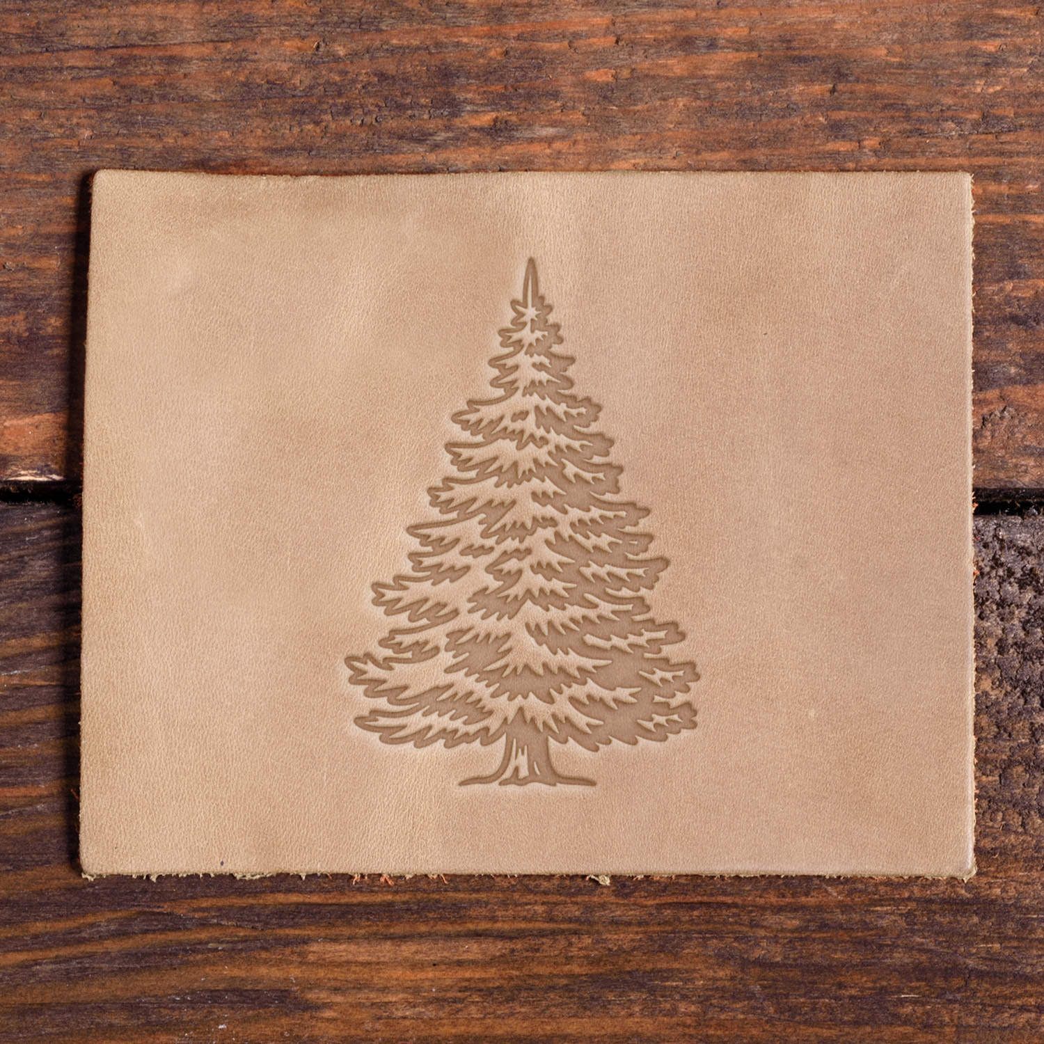 Leather sample with a stamped evergreen tree design using a Delrin leather stamp, ideal for outdoor, woodland, or holiday-themed leather projects.
