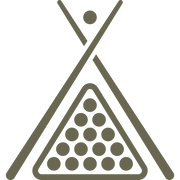 Minimalist billiards design featuring a racked triangle of pool balls with crossed cues, ideal for bar and game room themes.