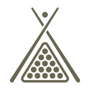 Minimalist billiards design featuring a racked triangle of pool balls with crossed cues, ideal for bar and game room themes.