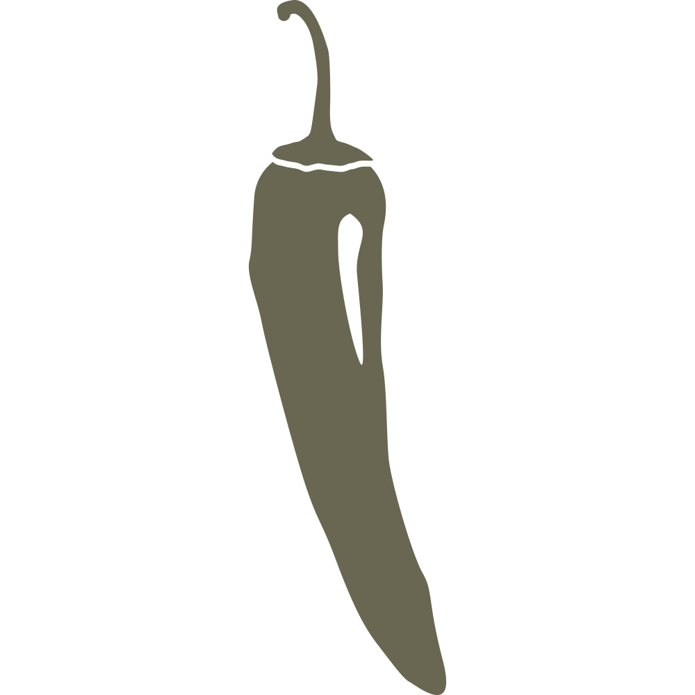 The Pepper Delrin Leather Stamp features a monochromatic silhouette of an elongated, slightly curved chili pepper with a stem at the top. The image is rendered in a solid shade of green without any additional details or textures.