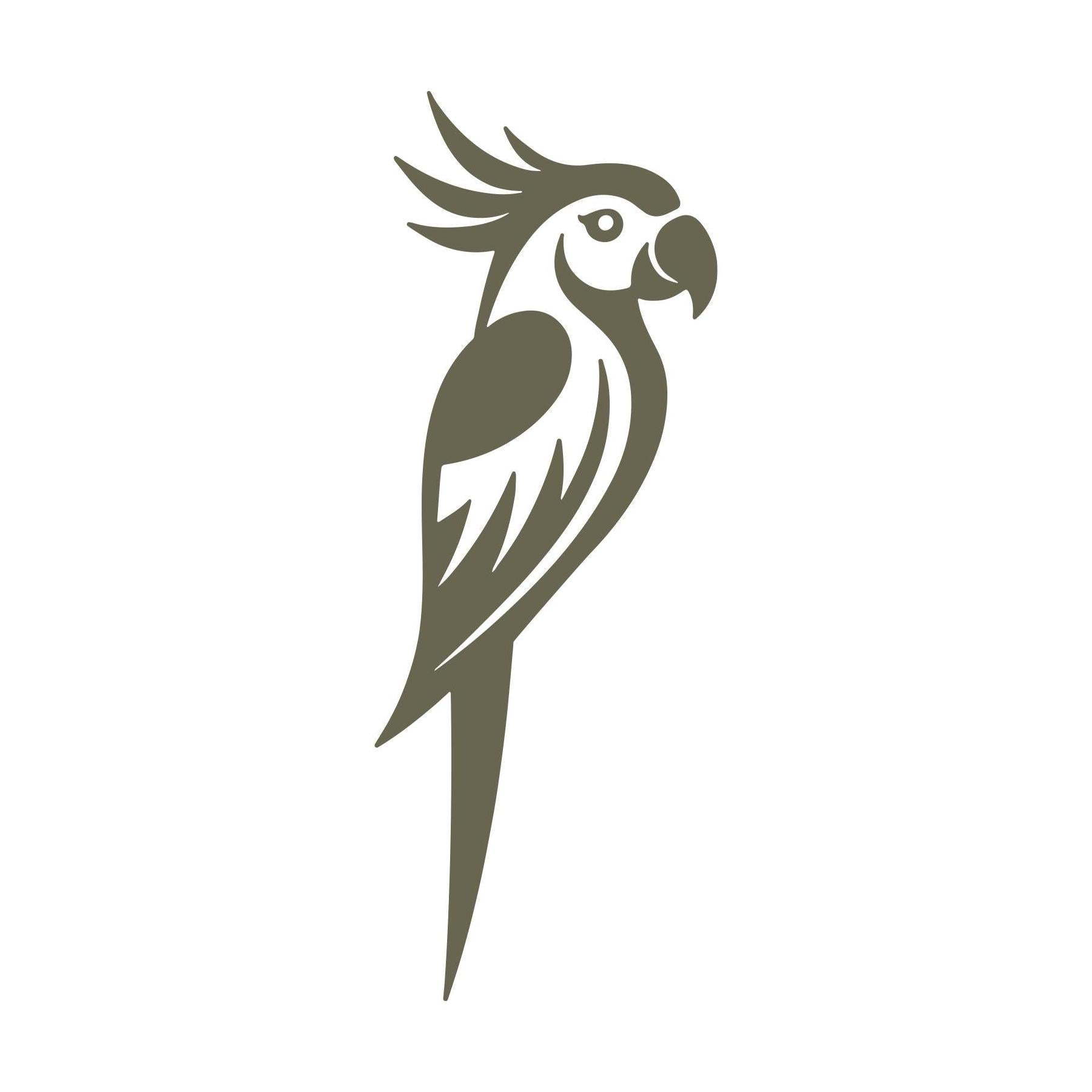 Delrin leather stamp design featuring a stylized parrot perched with flowing feathers.