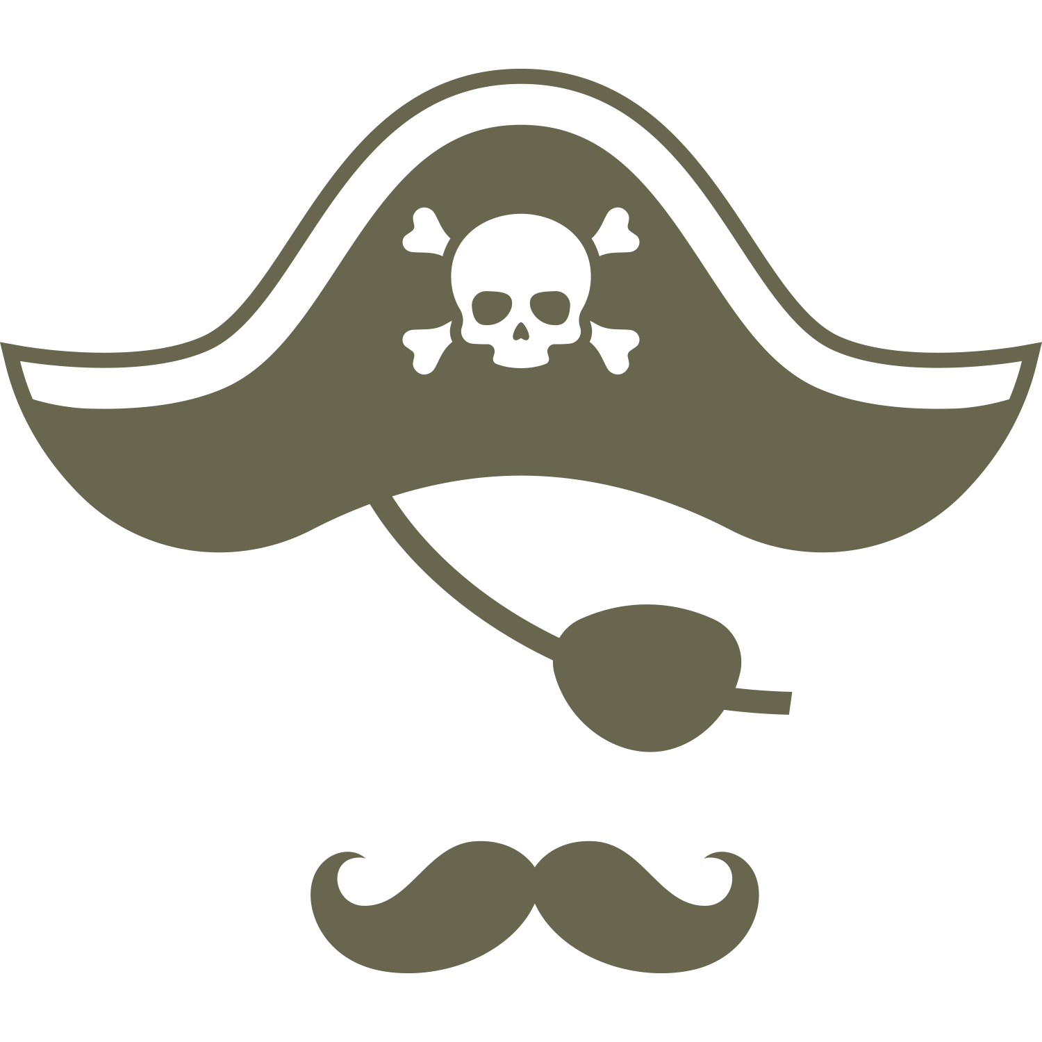 Pirate hat with skull and crossbones, pipe, and mustache in bold silhouette style