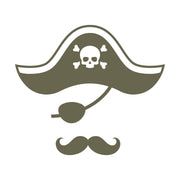 Pirate hat with skull and crossbones, pipe, and mustache in bold silhouette style