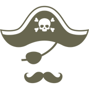 Pirate hat with skull and crossbones, pipe, and mustache in bold silhouette style
