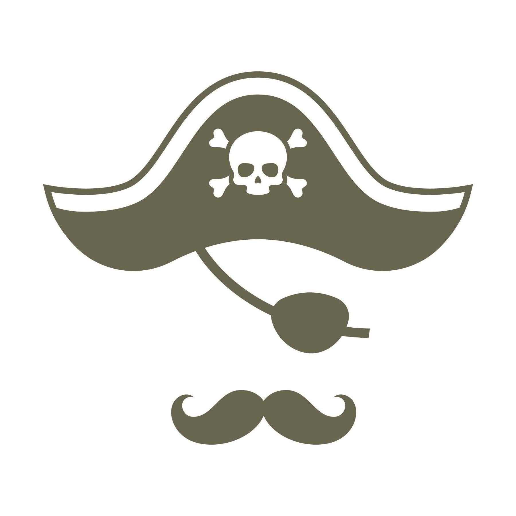 Pirate hat with skull and crossbones, pipe, and mustache in bold silhouette style