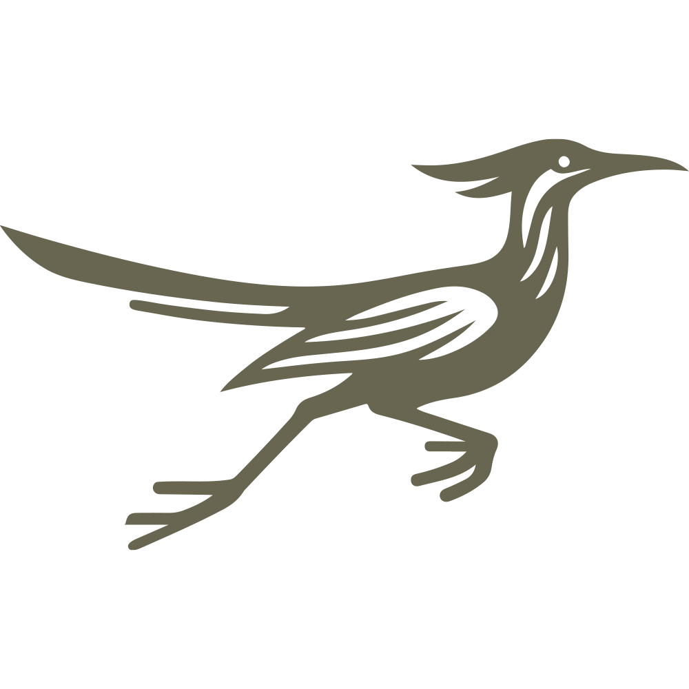 Stylized roadrunner silhouette in motion, with sweeping tail and crest—ideal for Delrin leather stamps used in Southwestern or desert-themed leathercraft.