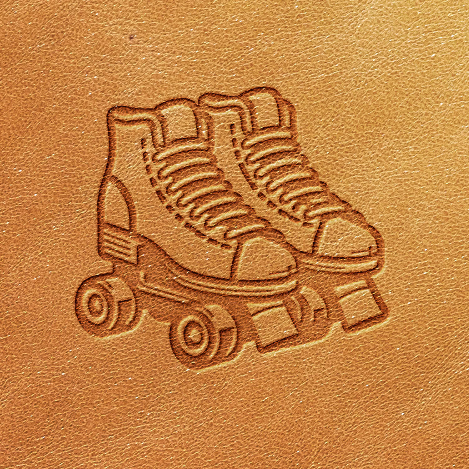 The Roller Skates Delrin Leather Stamp features an embossed image of a pair of roller skates with four wheels (two in front and two in back) and detailed laces on a tan-colored leather surface, all set against a consistently textured background.