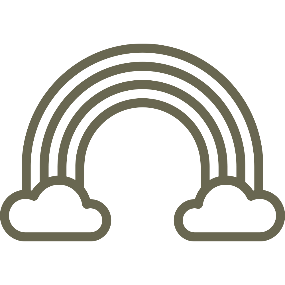 Minimalist rainbow design featuring multiple arcs and clouds at each end, drawn in a simple, clean line style.