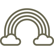 Minimalist rainbow design featuring multiple arcs and clouds at each end, drawn in a simple, clean line style.