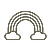 Minimalist rainbow design featuring multiple arcs and clouds at each end, drawn in a simple, clean line style.