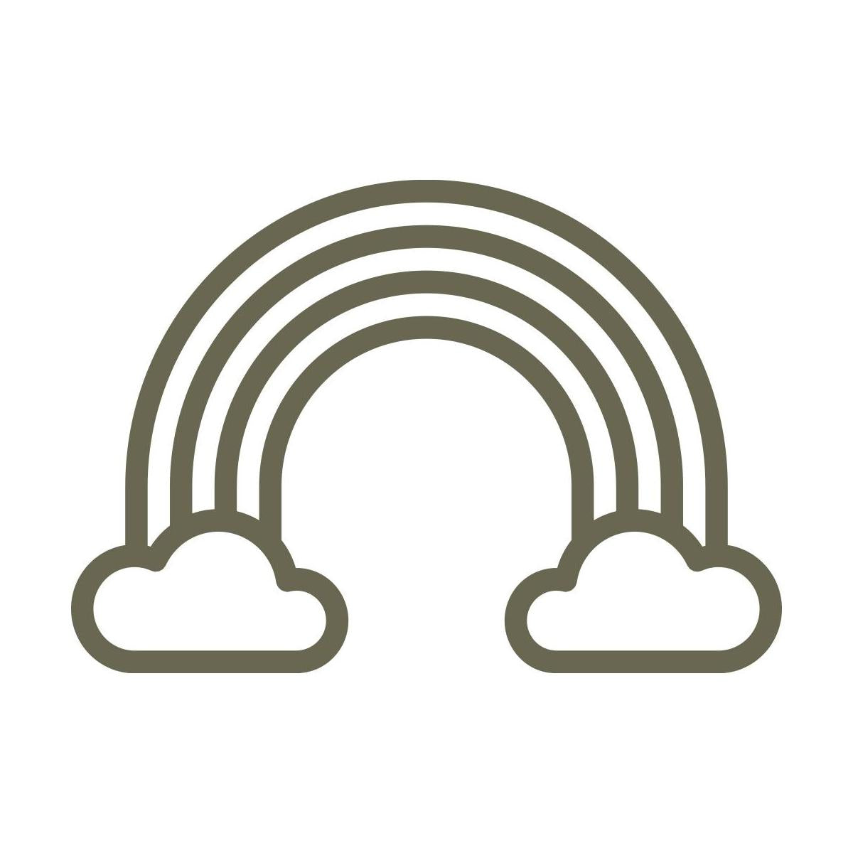 Minimalist rainbow design featuring multiple arcs and clouds at each end, drawn in a simple, clean line style.