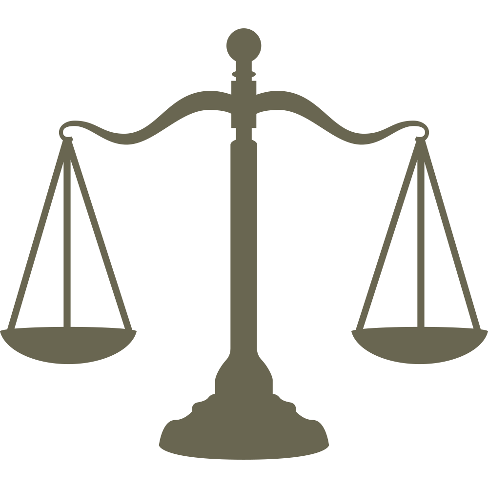 A straightforward depiction of the Justice Scales Delrin Leather Stamp. The stamp features a central vertical column with a horizontal beam balanced atop it, each end suspending a weighing pan. The scales are perfectly balanced, signifying equal weight on both sides.