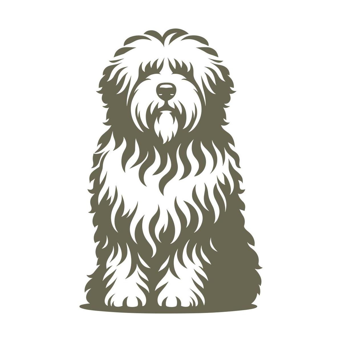 Fluffy dog design featuring a long, wavy coat, round nose, and a relaxed, seated posture.