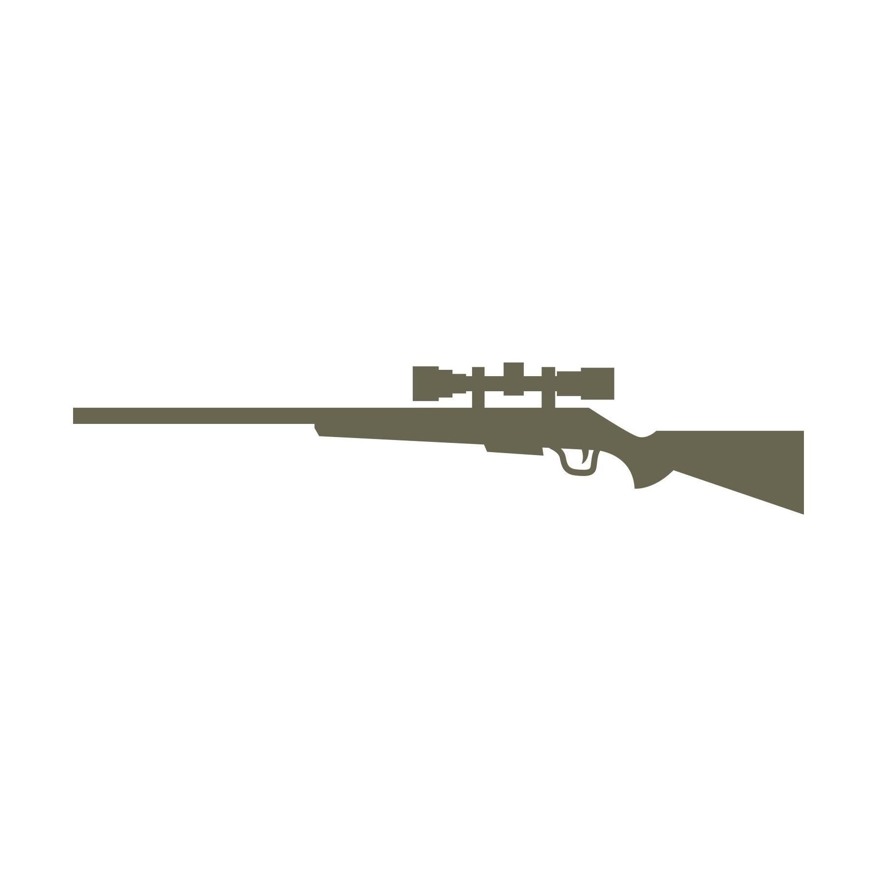 Delrin leather stamp design featuring a scoped hunting rifle in a clean, minimal silhouette.
