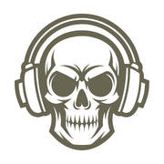 Aggressive skull with headphones graphic—designed for Delrin leather stamping.