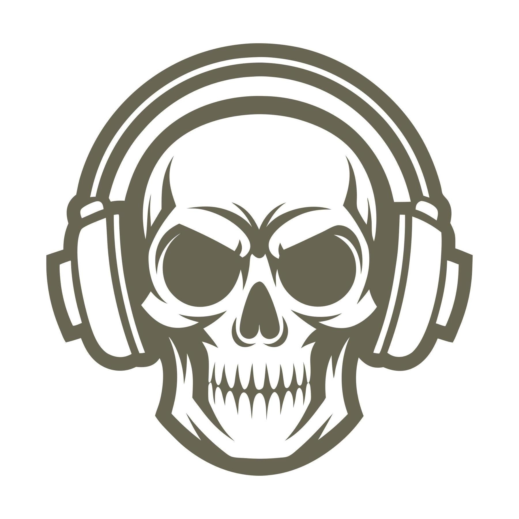 Aggressive skull with headphones graphic—designed for Delrin leather stamping.
