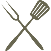 Minimalist crossed grilling tools design featuring a spatula and a two-pronged fork in a clean, stylized arrangement.
