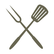 Minimalist crossed grilling tools design featuring a spatula and a two-pronged fork in a clean, stylized arrangement.