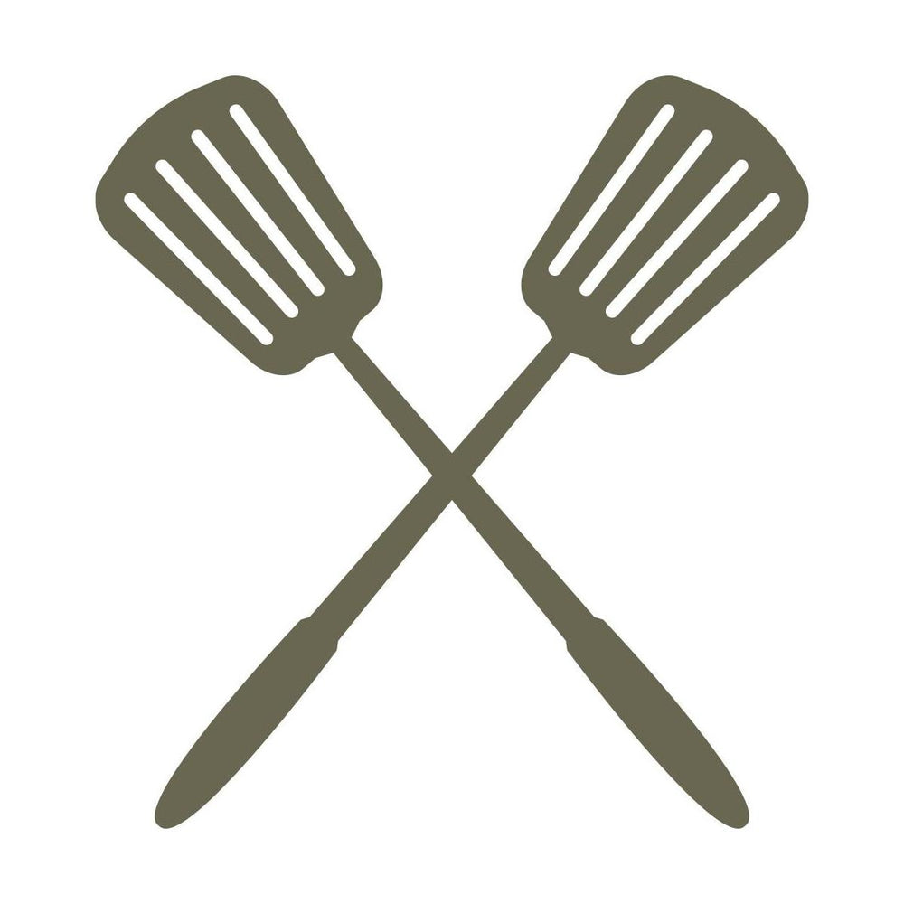 Minimalist crossed spatulas design featuring two slotted spatulas in a clean, symmetrical arrangement.