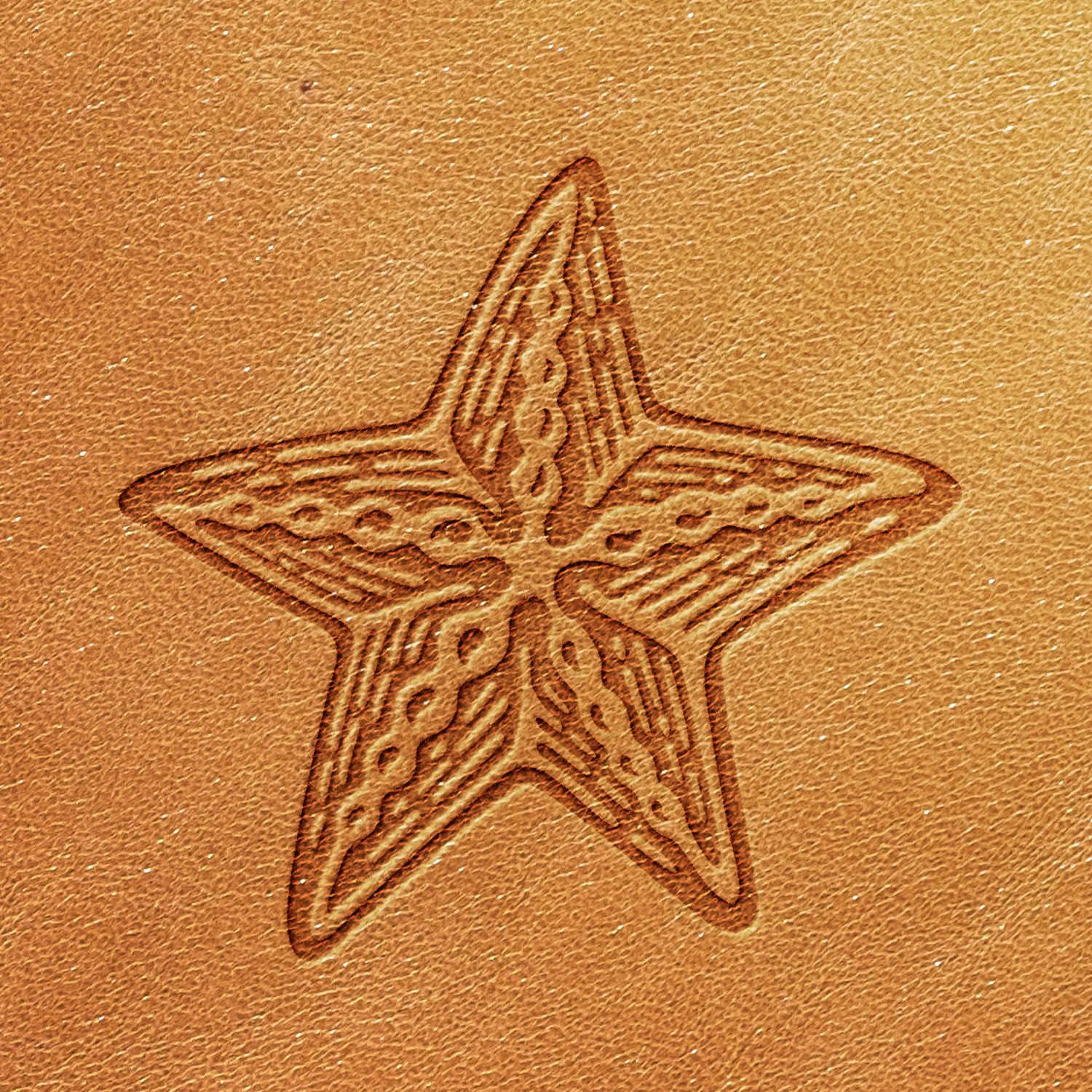 The Starfish Delrin Leather Stamp creates a leather surface embossed with a stylized star design. The star features detailed, wavy and dotted patterns inside, with each of its five points containing intricate textures. The background remains a uniform light brown leather texture.