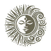 Ornate sun and moon design with intricate swirling details, blending celestial harmony and artistic expression.