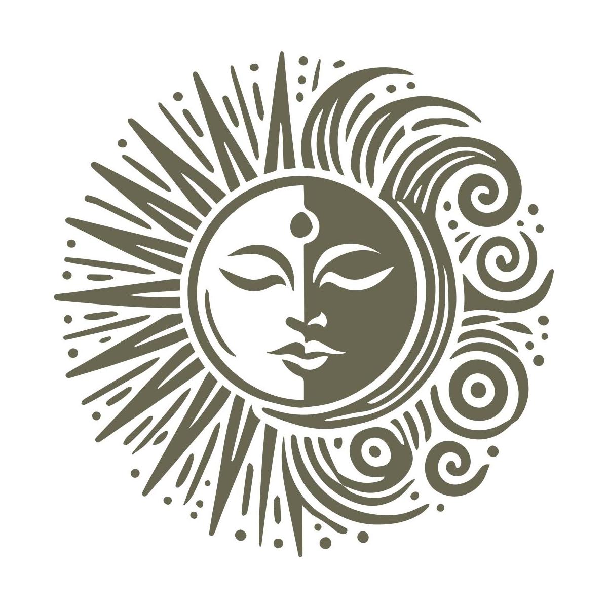 Ornate sun and moon design with intricate swirling details, blending celestial harmony and artistic expression.