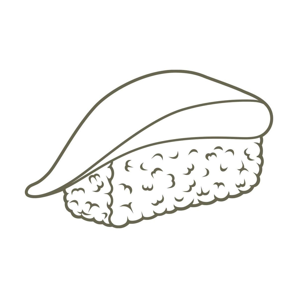 Minimal sushi nigiri stamp outline with fluffy rice texture and a sleek slice of fish on top—ideal for food-themed Delrin leather stamping.