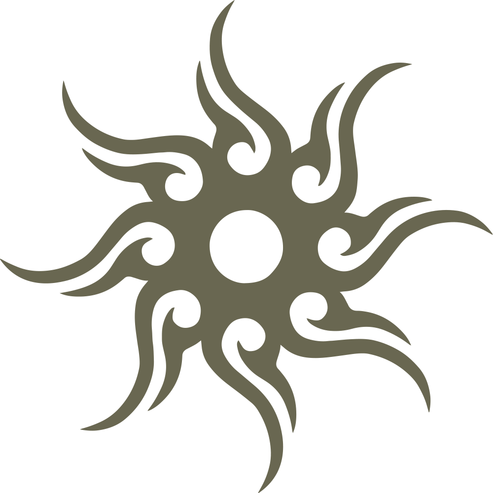 The Sunburst Delrin Leather Stamp features an abstract, symmetrical design resembling a stylized sun. The central circle has multiple curved, flame-like extensions radiating outwards in a solid dark olive color against a white background.