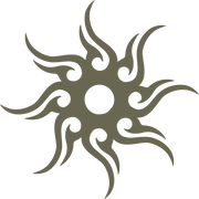 The Sunburst Delrin Leather Stamp features an abstract, symmetrical design resembling a stylized sun. The central circle has multiple curved, flame-like extensions radiating outwards in a solid dark olive color against a white background.