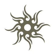 The Sunburst Delrin Leather Stamp features an abstract, symmetrical design resembling a stylized sun. The central circle has multiple curved, flame-like extensions radiating outwards in a solid dark olive color against a white background.