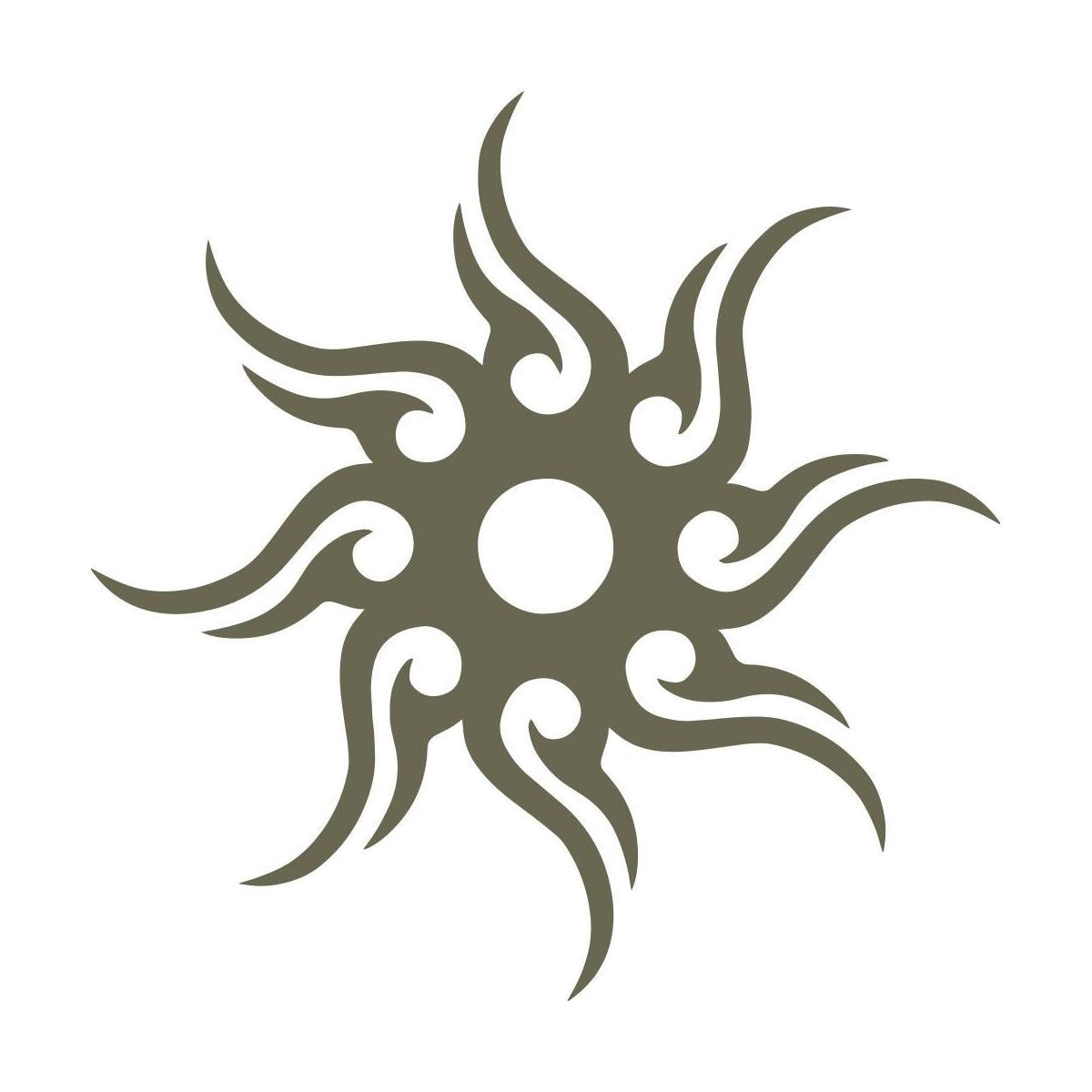 The Sunburst Delrin Leather Stamp features an abstract, symmetrical design resembling a stylized sun. The central circle has multiple curved, flame-like extensions radiating outwards in a solid dark olive color against a white background.