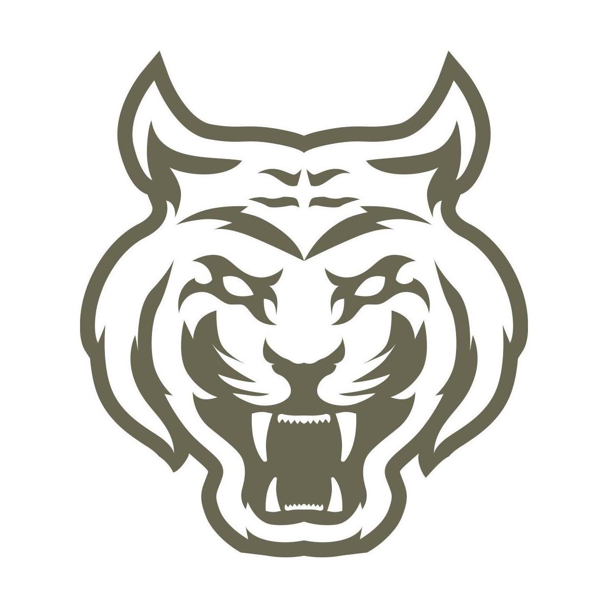 Illustrated tiger head with bared teeth and bold facial markings, designed for use as a Delrin leather stamp.