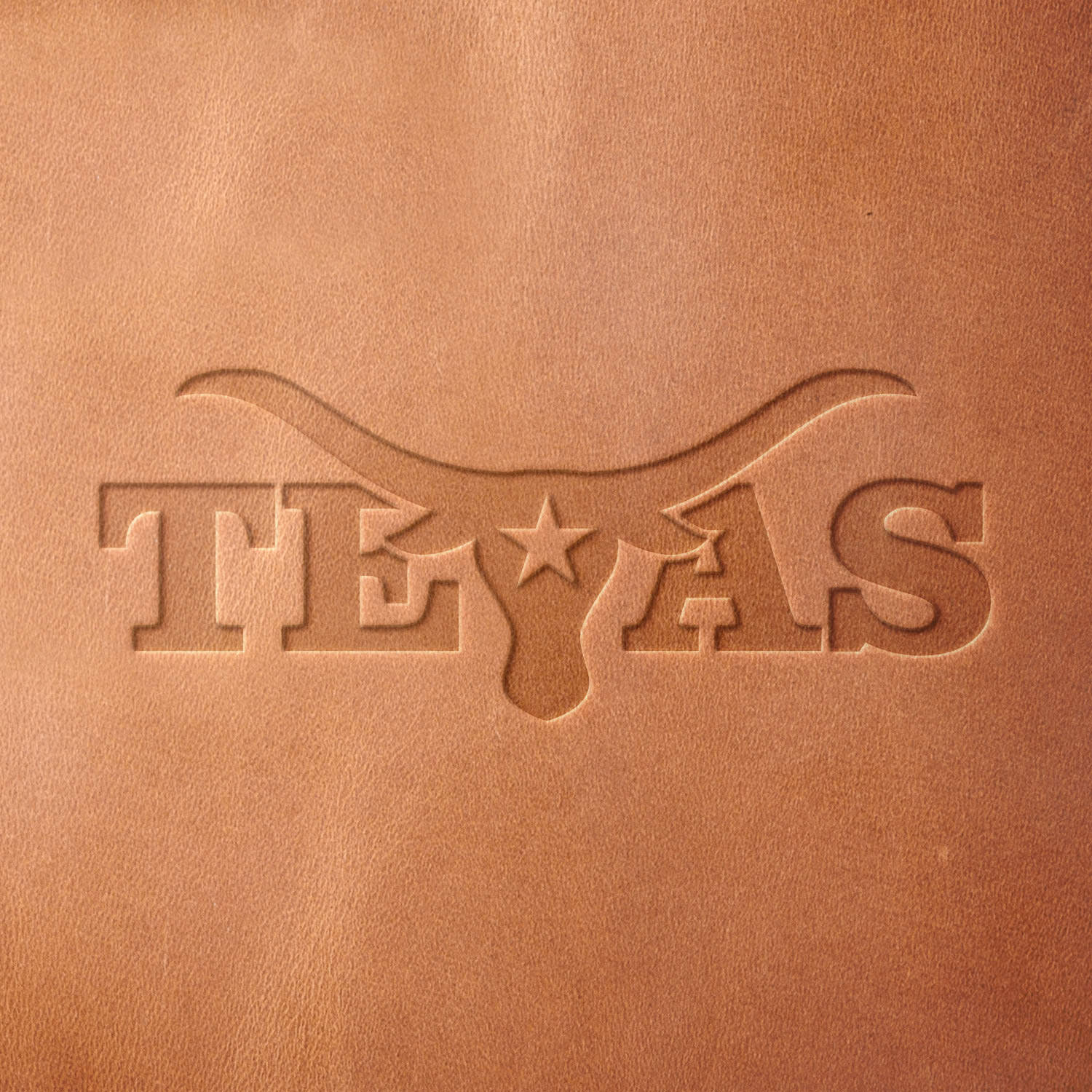 Leather sample with a crisp Texas longhorn stamp impression from a Delrin leather stamp, perfect for creating Western and cowboy-inspired leather designs.