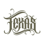 Delrin leather stamp with an ornate Texas lettering design, perfect for Western and Southern-style leathercraft projects.