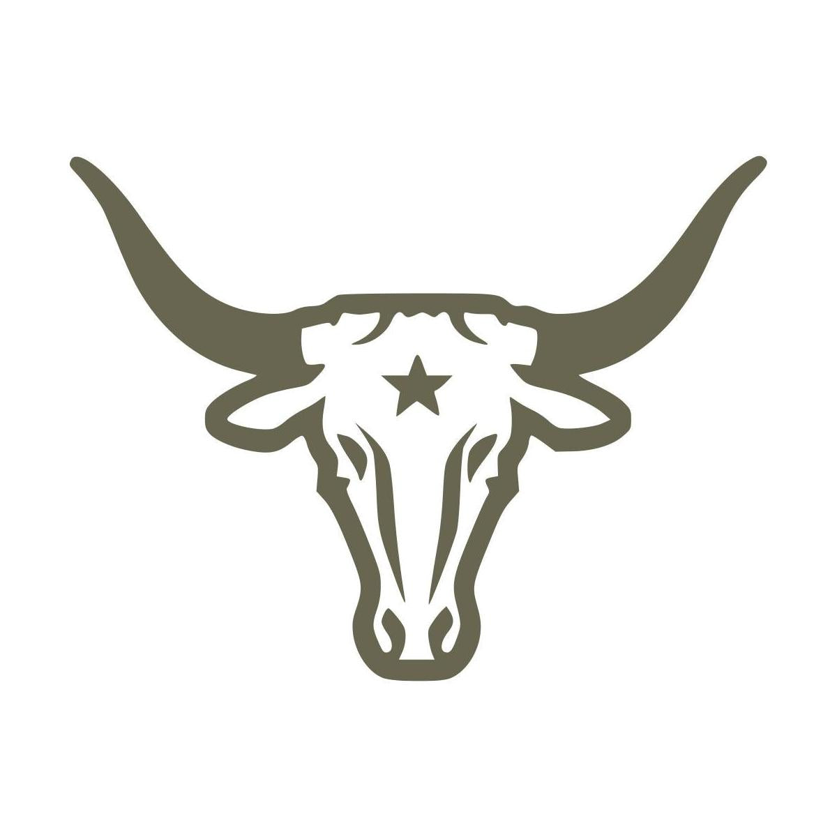 Western-style steer skull design with long horns and a star detail at the center, made as a Delrin leather stamp—perfect for cowboy-themed leather projects or rustic accessory designs.