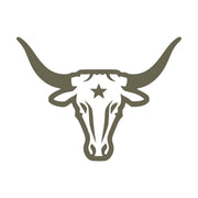 Western-style steer skull design with long horns and a star detail at the center, made as a Delrin leather stamp—perfect for cowboy-themed leather projects or rustic accessory designs.