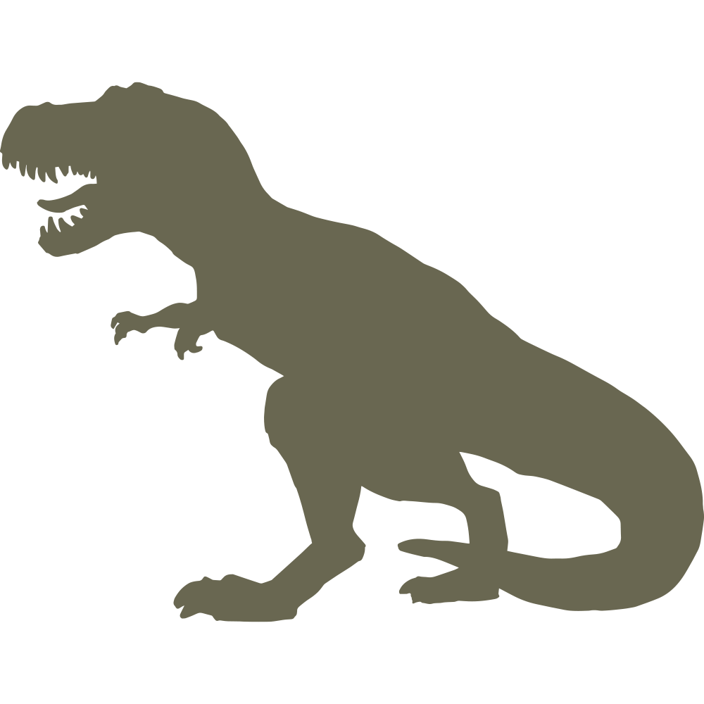 Silhouette illustration of a Tyrannosaurus rex dinosaur with open mouth and raised tail, designed for use as a Delrin leather stamp.