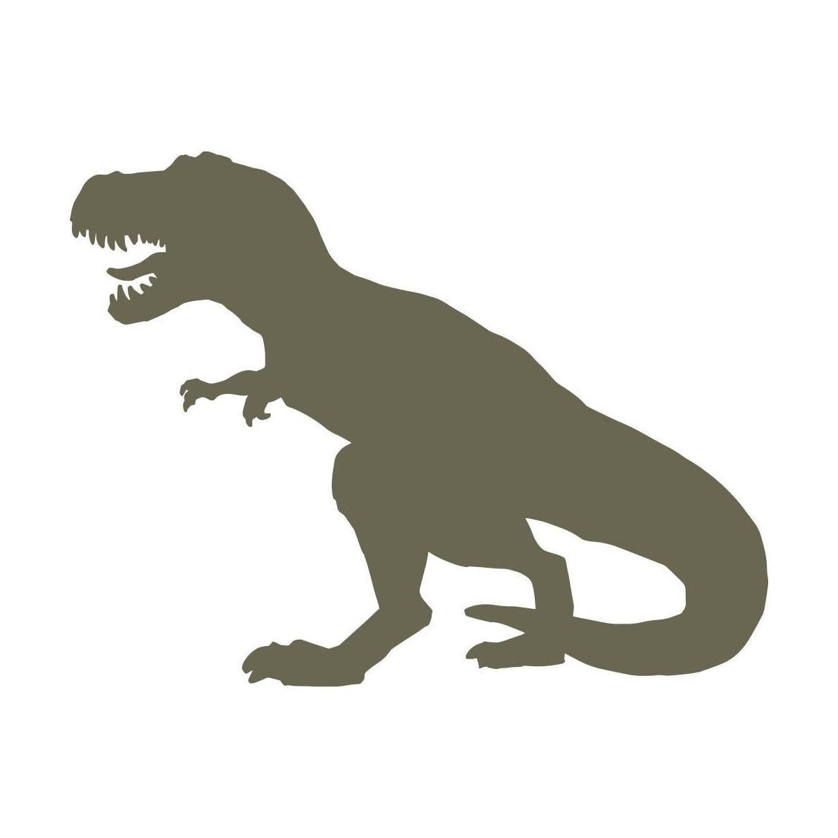 Silhouette illustration of a Tyrannosaurus rex dinosaur with open mouth and raised tail, designed for use as a Delrin leather stamp.