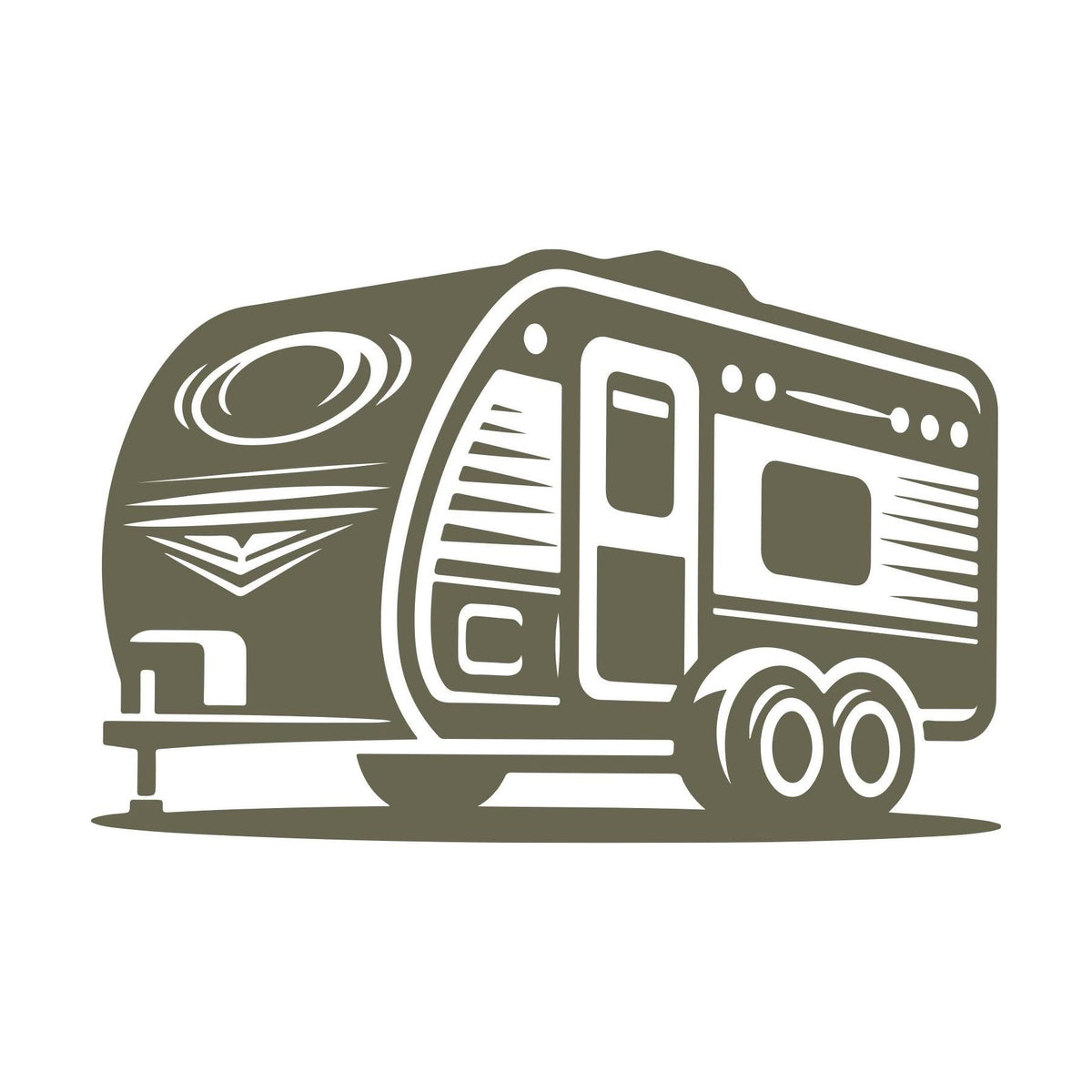Delrin leather stamp design of a vintage travel trailer with dual wheels and mid-century detailing.